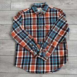 AE American Eagle Men’s Size L Heavy Blue Orange Plaid Flannel OverShirt